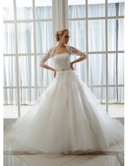 Ball-Gown Strapless Court Train Tulle Wedding Dress With Beading Appliques Lace Wraps