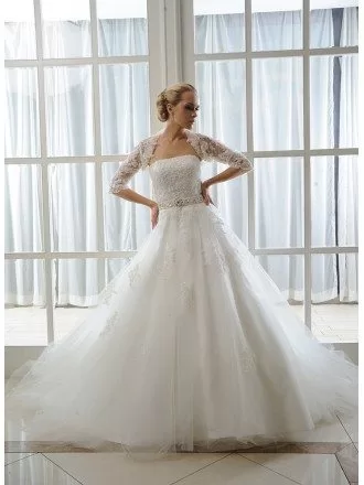 Ball-Gown Strapless Court Train Tulle Wedding Dress With Beading Appliques Lace Wraps
