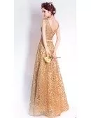 Luxury Gold Sparkly Lace A Line Formal Dress Sleeveless