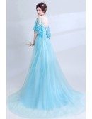 Dreamy Butterfly Blue Long Train Prom Dress With Lace Cape