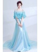 Dreamy Butterfly Blue Long Train Prom Dress With Lace Cape