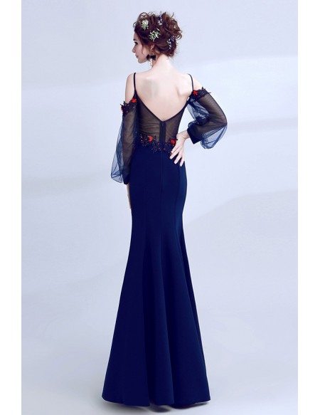Slim Long Blue Simple Mermaid Prom Dress With Straps Sleeves
