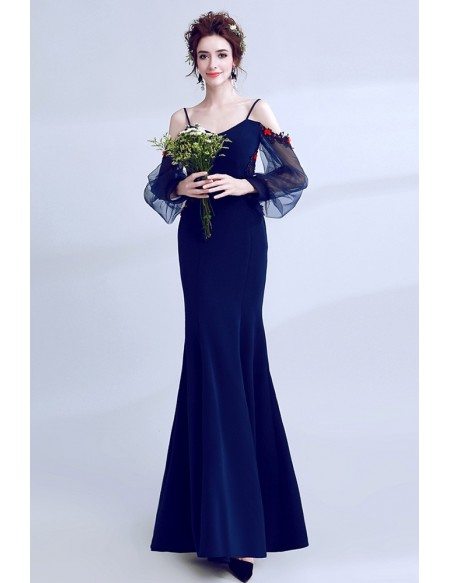 Slim Long Blue Simple Mermaid Prom Dress With Straps Sleeves Wholesale ...