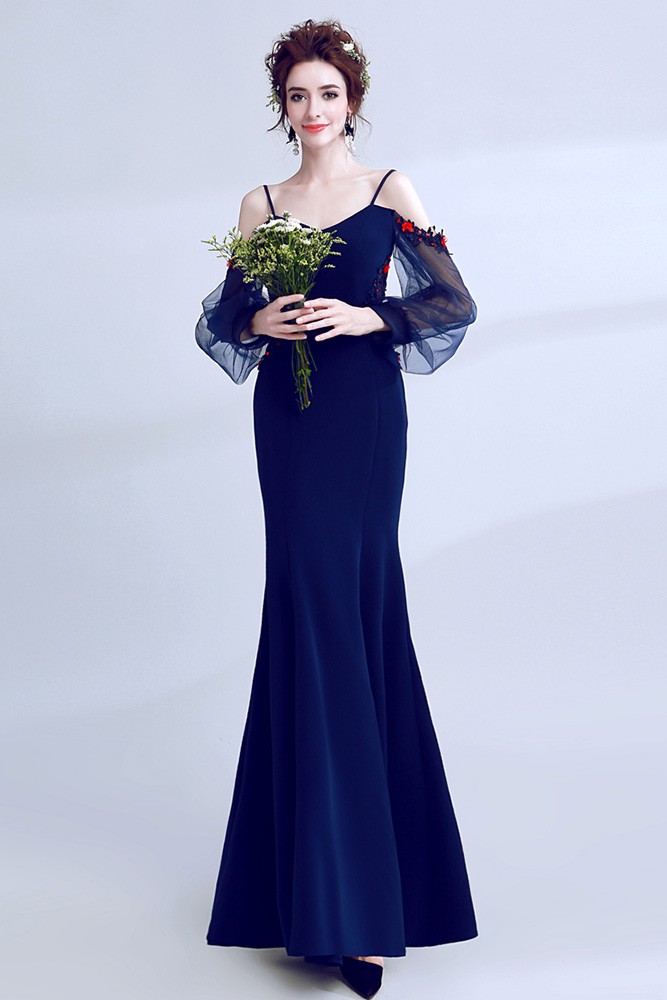 Slim Long Blue Simple Mermaid Prom Dress With Straps Sleeves Wholesale ...