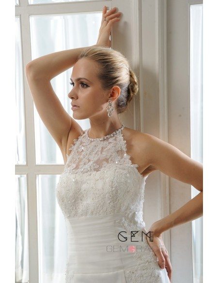 Mermaid Halter Sweep Train Tulle Wedding Dress With Beading Appliques Lace
