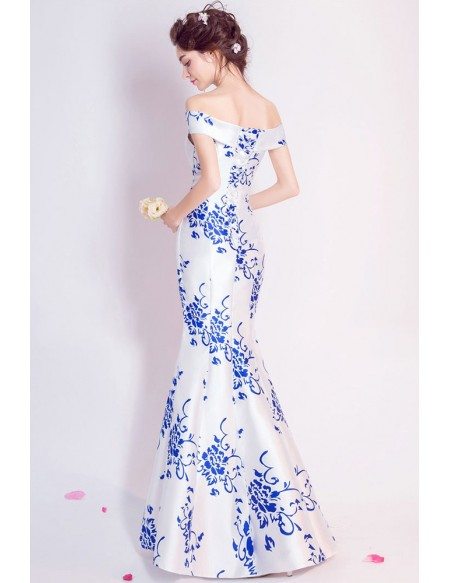Special White With Blue Tight Mermaid Prom Dress Off Shoulder