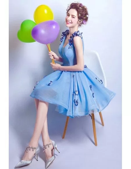 Fairytale Blue Tulle Butterfly Prom Dress Short With Lace Up