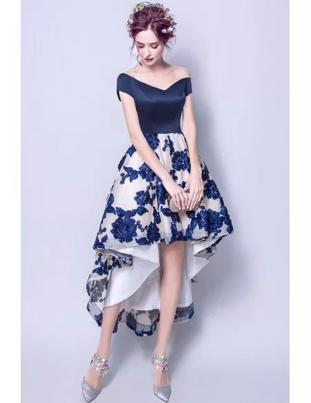Gorgeous Blue Off Shoulder High Low Party Dress With Flowers Embroidery