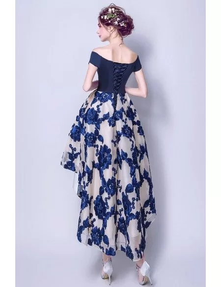 Gorgeous Blue Off Shoulder High Low Party Dress With Flowers Embroidery