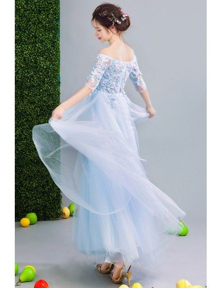 Lovely Flowers Long Tulle Blue Prom Dress With Off Shoulder Sleeves