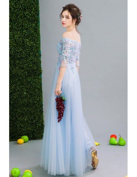 Lovely Flowers Long Tulle Blue Prom Dress With Off Shoulder Sleeves