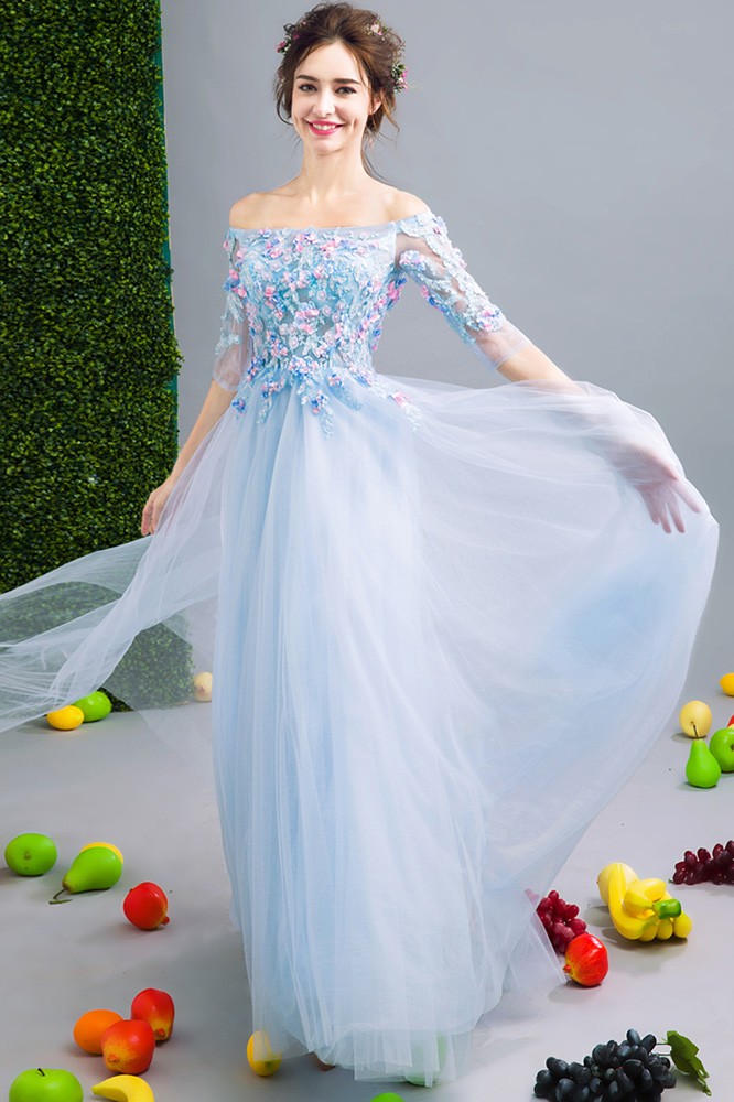 Lovely Flowers Long Tulle Blue Prom Dress With Off Shoulder Sleeves