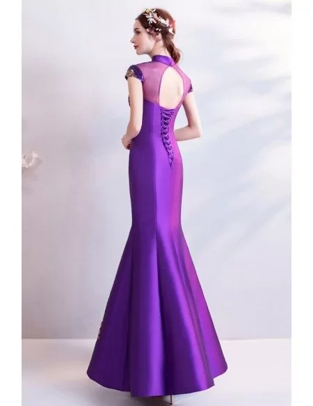 Classic Purple Cheongsam Tight Formal Dress Mermaid With Bling