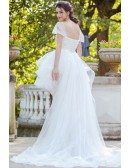 Unique Long Train High Low Beach Wedding Dress Ruffled With Cap Sleeves