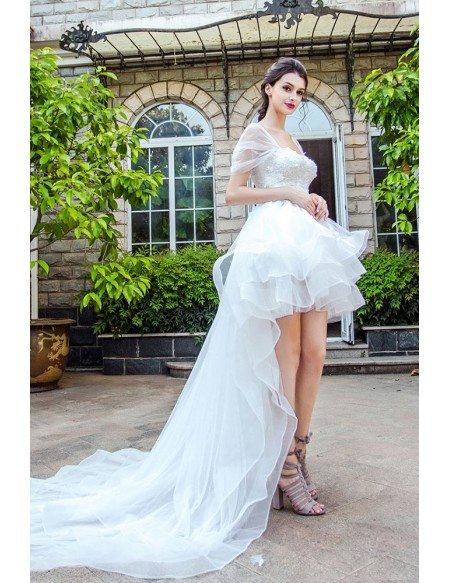 Unique Long Train High Low Beach Wedding Dress Ruffled With Cap Sleeves