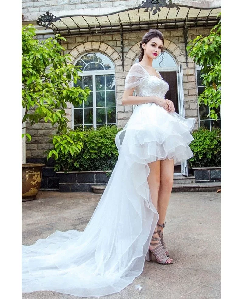 Unique Long Train High Low Beach Wedding Dress Ruffled With Cap Sleeves Wholesale T69281 