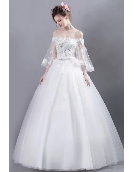 Fairy Off Shoulder Sleeves Ball Gown Wedding Dress With Beaded Flowers ...