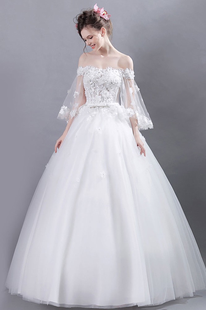 Fairy Off Shoulder Sleeves Ball Gown Wedding Dress With Beaded Flowers ...