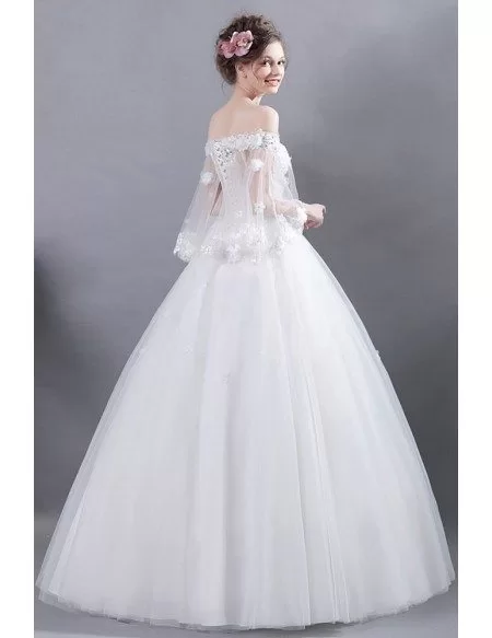 Fairy Off Shoulder Sleeves Ball Gown Wedding Dress With Beaded Flowers ...