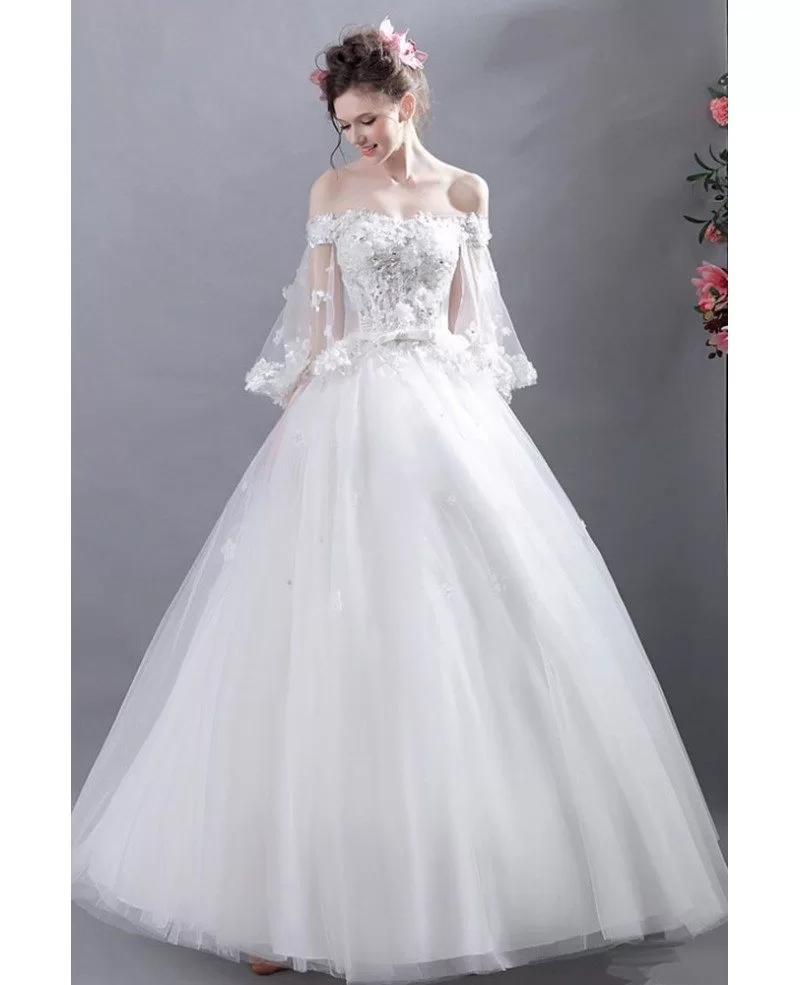 fairy-off-shoulder-sleeves-ball-gown-wedding-dress-with-beaded-flowers-wholesale-t69282