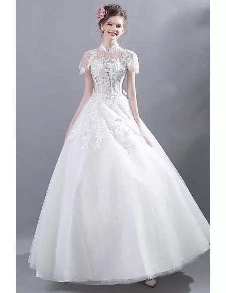 Retro High Collar Court Ball Gown Wedding Dress Lace With Sleeves