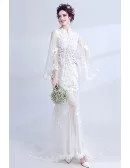 Stunning See Through Lace Boho Wedding Dress With Cape Sleeves