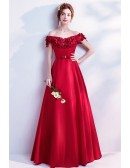 Burgundy Long Red Elegant Prom Dress Satin With Off Shouler