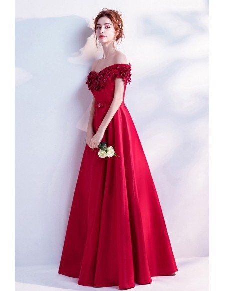 Burgundy Long Red Elegant Prom Dress Satin With Off Shouler