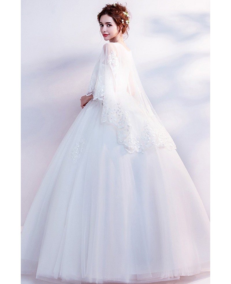 Dreamy Lace Cape Sleeves Big Ball Gown Wedding Dress