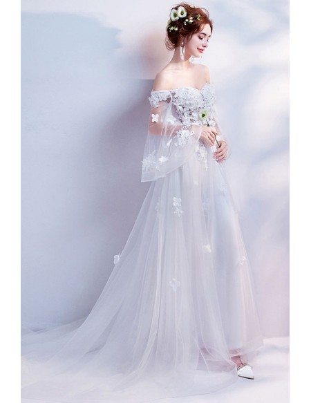 Off Shoulder Long Tulle A Line Boho Wedding Dress With Flowers