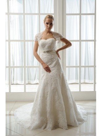 Mermaid Sweetheart Court Train Tulle Wedding Dress With Beading Appliques Lace Wraps