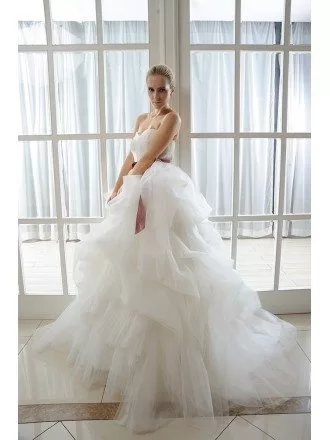 Ball-Gown Sweetheart Court Train Organza Wedding Dress With Appliques Lace Cascading Ruffles Bow