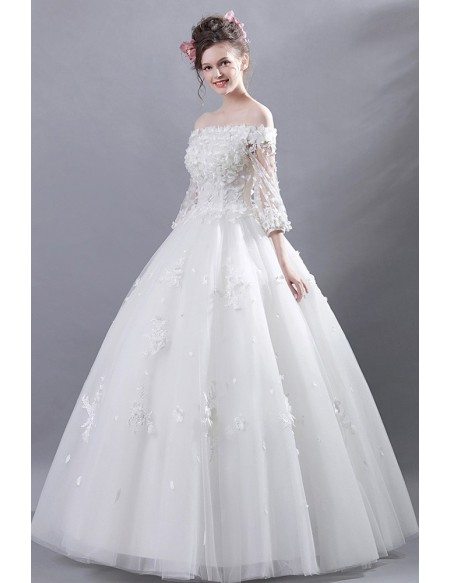 Off Shoulder Tulle Ball Gown Wedding Dress With Flower Sleeves ...