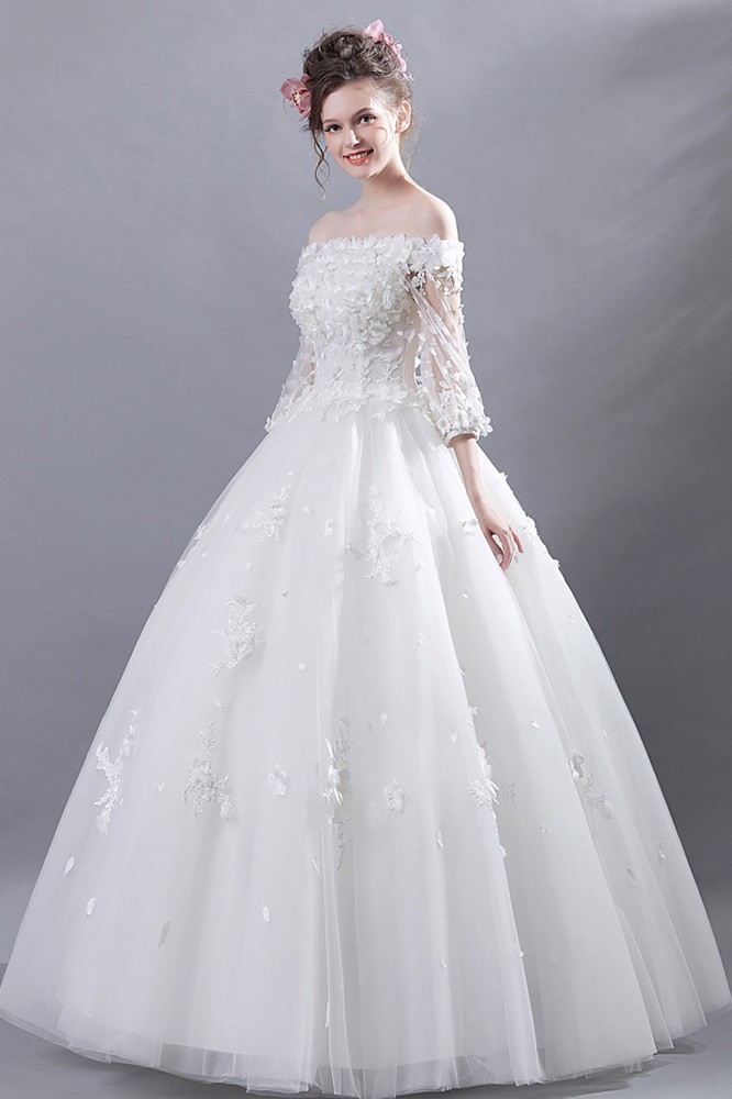 Off Shoulder Tulle Ball Gown Wedding Dress With Flower Sleeves ...