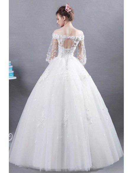 Off Shoulder Tulle Ball Gown Wedding Dress With Flower Sleeves
