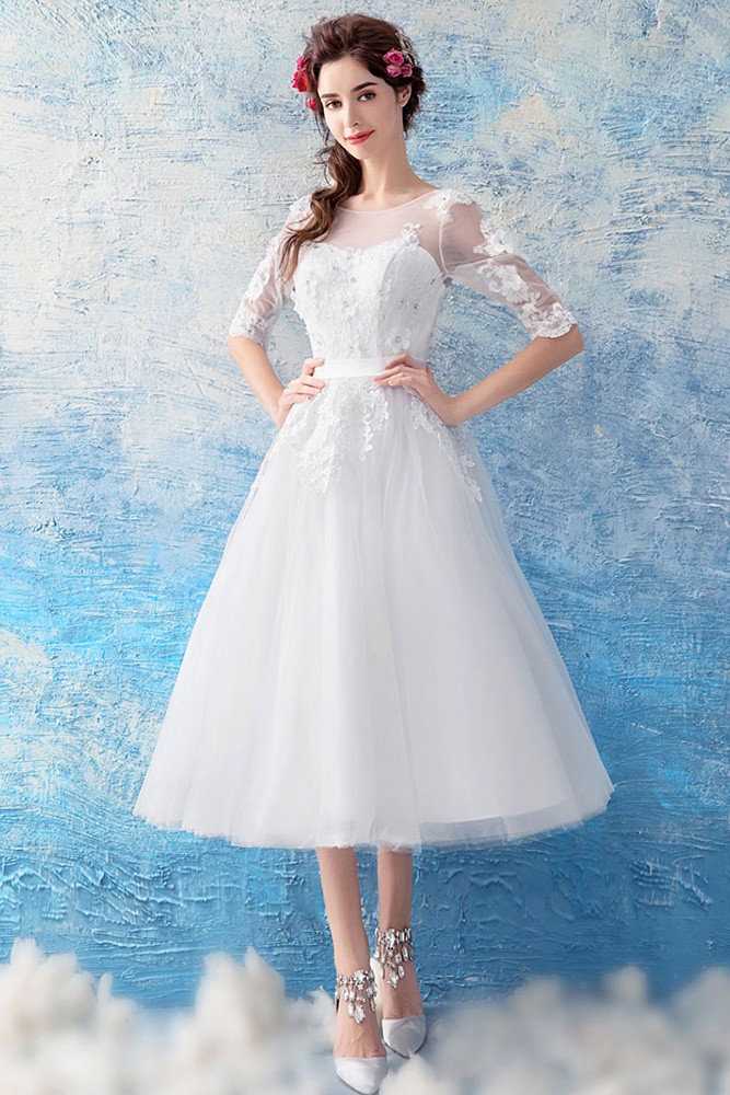 Retro Tea Length Tulle Wedding Reception Dress With Half Sleeves ...