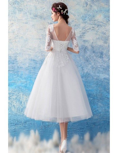 Retro Tea Length Tulle Wedding Reception Dress With Half Sleeves