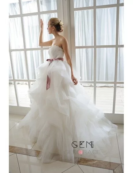 Ball-Gown Sweetheart Court Train Organza Wedding Dress With Appliques Lace Cascading Ruffles Bow