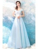 Beautiful Blue Flowers A Line Prom Dress Long Tulle With Off Shoulder