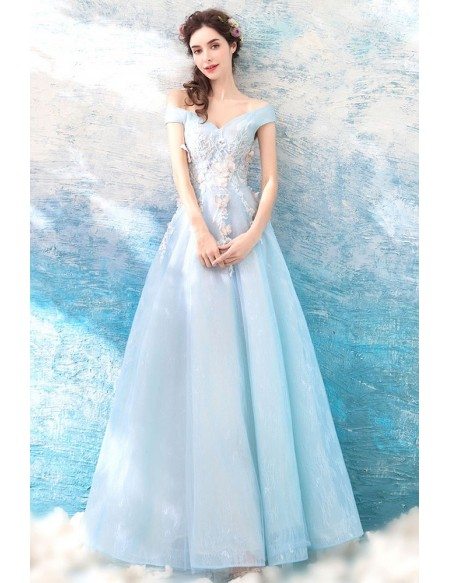 Beautiful Blue Flowers A Line Prom Dress Long Tulle With Off Shoulder ...
