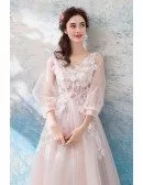 Blush Pink Fairy Tulle Sleeve Long Prom Dress A Line With Flowers