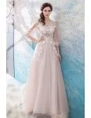 Blush Pink Fairy Tulle Sleeve Long Prom Dress A Line With Flowers