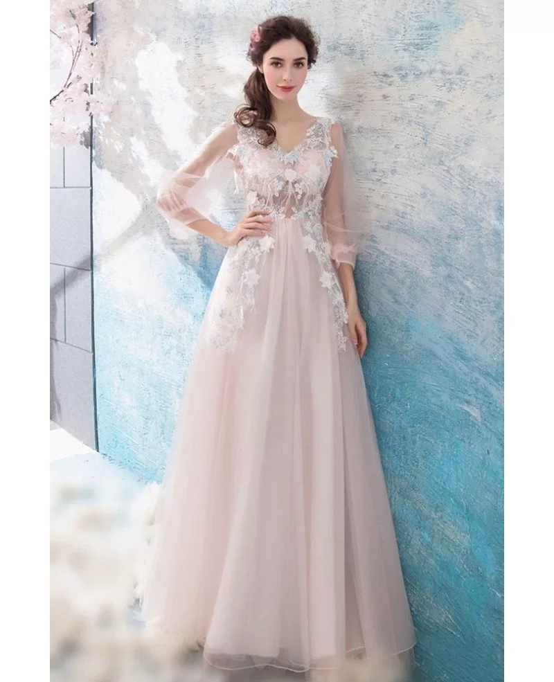 Blush Pink Fairy Tulle Sleeve Long Prom Dress A Line With Flowers ...