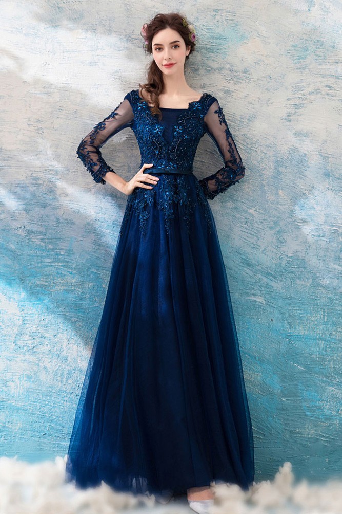 Dark Navy Blue Beaded Lace Long Prom Dress Tulle With Long Sleeves 