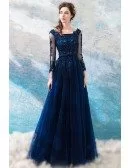 Dark Navy Blue Beaded Lace Long Prom Dress Tulle With Long Sleeves