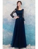 Dark Navy Blue Beaded Lace Long Prom Dress Tulle With Long Sleeves