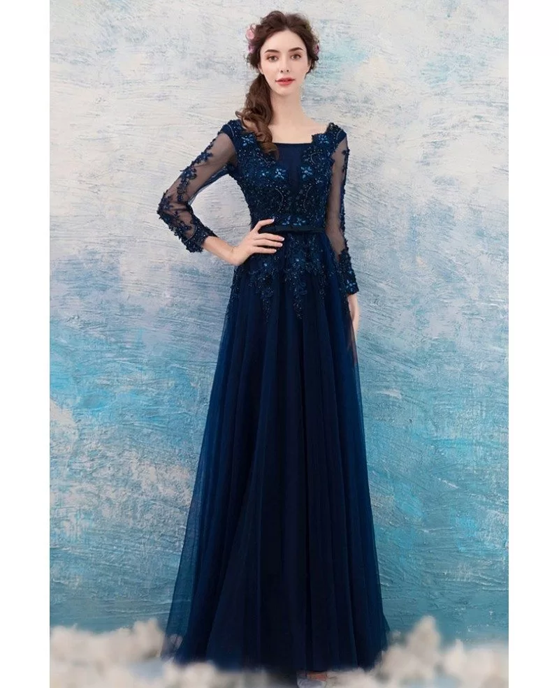 Dark Navy Blue Beaded Lace Long Prom Dress Tulle With Long Sleeves ...
