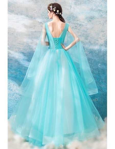 Aqua Blue Ballroom Pageant Formal Dress With Cape For Quinceanera
