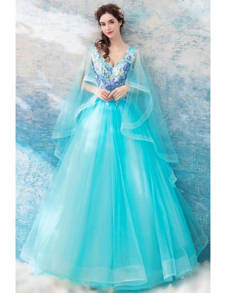 Aqua Blue Ballroom Pageant Formal Dress With Cape For Quinceanera