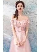 Pearl Pink Long Tulle Lace Formal Prom Dress With Off Shoulder Sleeves